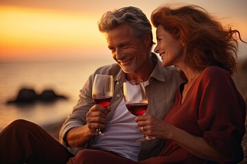 Loving middle aged couple during date on the beach at sunset. They are sitting on the sandy beach with wine. Relationships concept.