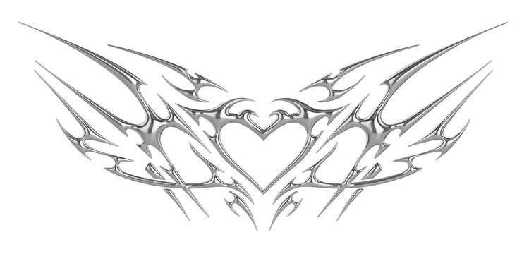 Succubus womb tattoo. Demon heart sigil, 3D chrome metal in tribal style tattoos
