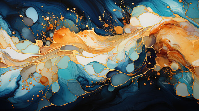 Pointillism Sea Glass of Alcohol Ink Blue and Gold Abstract Fluid Art