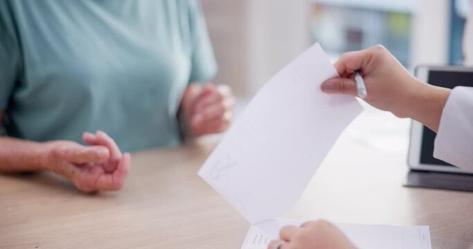 Doctor, hands and writing consultation for patient, checkup or diagnosis and medication on desk at hospital. Closeup of medical or healthcare professional with quote, prescription or sick letter