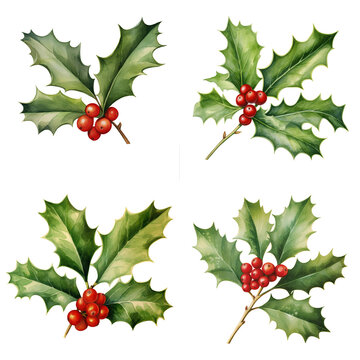 Christmas Holly Berries Sprig Watercolour Illustration Isolated
