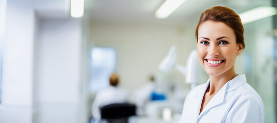 Portrait of a smiling female dentist in a dental office. Dentistry concept. Banner with Copy space.