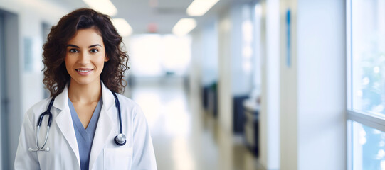 Fototapeta premium Young female doctor working at the hospital. Medical and healthcare concept. Banner with Copy space.