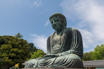 Kamakura Daibutsu great Buddha statue against blue sky, Kanagawa