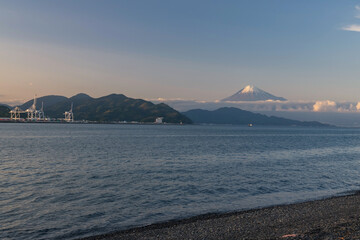 Suruga Bay from Miho beach with factory dock and mt. Fuji, Shimizu