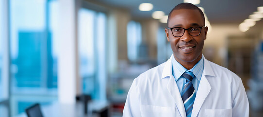 Fototapeta premium Male doctor or medical health services manager in white coat and eyeglasses. Banner with Copy space.