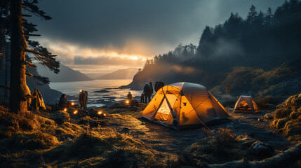 Two Camping Tents in The Foggy Mountain Forest at Sunrise in Winter Season