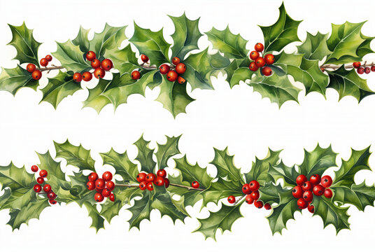 Christmas Holly Berries Banner Garland Watercolour Illustration Isolated
