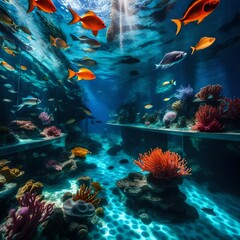 Fototapeta na wymiar A mesmerizing underwater world in the Great Barrier Reef, teeming with vibrant coral formations and exotic fish, sunlight filtering through the crystal-clear water.