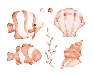 Watercolor baby illustrations set of beige fish, algae, bubbles and shells. Hand drawn children design. Perfect for print, posters, sticers, textile