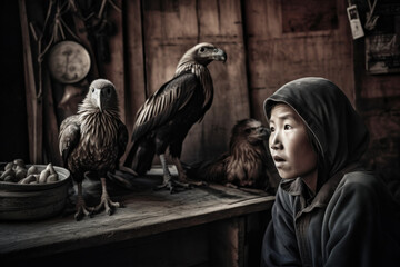 Candid moment Asian man in a hood looking out of a shed window while sitting at a table with carvings of birds of prey - in sepia tones.
