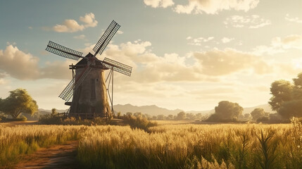 Fototapeta premium Windmill in a Wheat Field Under White Blue Sky Fluffy Clouds