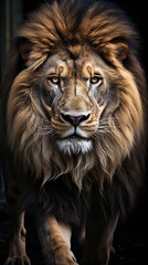 Fototapeta premium A Big Fierce Male Majestic Lion Face Walking in Forest and Looking At Camera Selective Focus