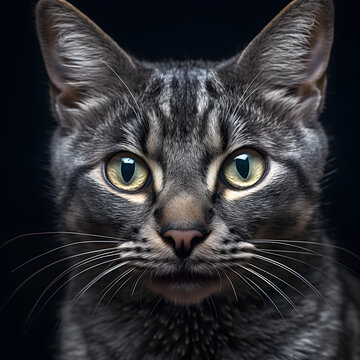 Close-Up Portrait of a Cute Gray Cat with Black Stripes and Luminous Eyes against a Black Background. 