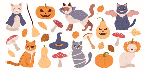 Obraz premium Cute halloween set with cats, pumpkins, mushrooms, leaves on a white background