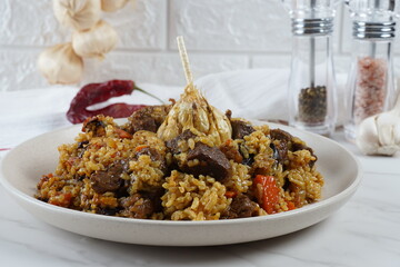 The national Saudi Arabian dish beef kabsa with rice ,western Arabic food , Yemeni food. beef with rice.