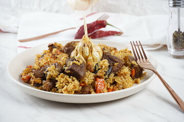 The national Saudi Arabian dish beef kabsa with rice ,western Arabic food , Yemeni food. beef with rice.