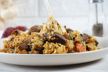 The national Saudi Arabian dish beef kabsa with rice ,western Arabic food , Yemeni food. beef with rice.