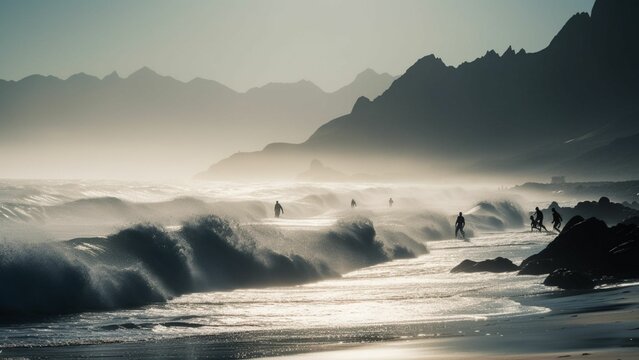 Stunning beach image with big waves. Crystal-clear water and bright sky make it perfect for surfing or relaxing.