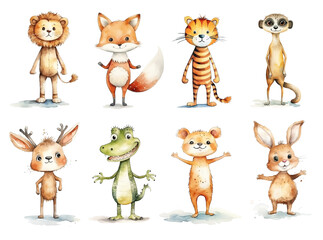 Set of cute cartoon animal characters isolated on white background.