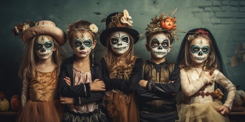 Happy halloween. Girl child in costumes and makeup holiday happy halloween
