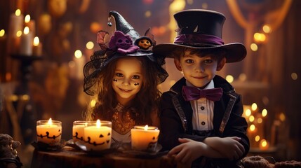 Happy halloween. children in costumes and makeup holiday happy halloween