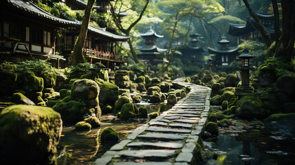 Fototapeta na wymiar Old Japanese Style House Beside The Wet Stone Path and Green Trees