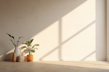 An empty beige concrete wall near window with shadow from window falling on it. Interior for your presentation.