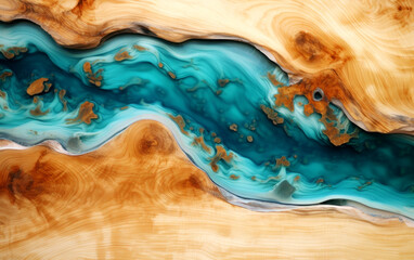 A close-up abstract dark photo of natural wood table texture with a winding epoxy resin river running through the center of it  - obrazy, fototapety, plakaty