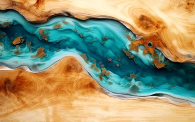 Poster Im Rahmen A close-up abstract dark photo of natural wood table texture with a winding epoxy resin river running through the center of it  © Chattanooga Tshirt