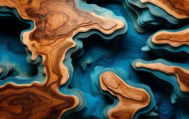 Abstract topographic contours natural wood table texture with a winding epoxy resin river running through the center of it