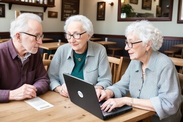 Caucasian seniors looking at female friend using laptop while sitting in cafe. Curiosity, wireless technology, coffee, togetherness, support, assisted living, retirement concept. Generative AI