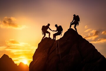 Hiker helping friend reach the mountain top, Teamwork concept, Generative Ai illustration