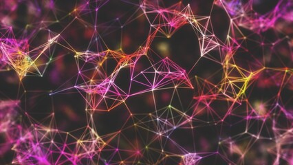 Multicolored abstract network of dots and lines. Network with broken and restored connections. 3D render.