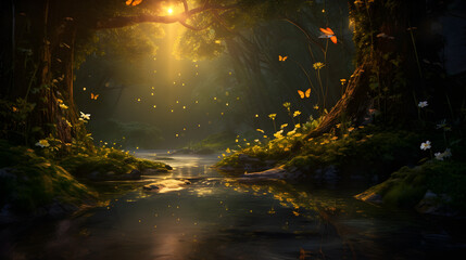 Whimsical Illustration of Hidden Forest Glade with Glowing Fireflies.