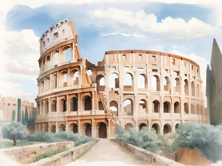 Fototapeta premium 水彩画背景_世界旅行_イタリア_コロッセオ_02
