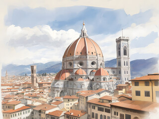 Obraz premium 水彩画背景_世界旅行_イタリア_フィレンツェ_04