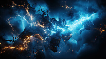 Powerful Lightning Strikes Against the Dark Cloudy Sky Thunder Storm - obrazy, fototapety, plakaty