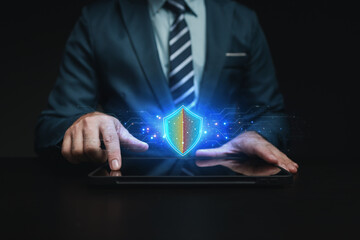 Individuals with data protection holograms in the system, encryption to protect sensitive data in computer systems using technology, access to databases by encryption. Data protection concept.