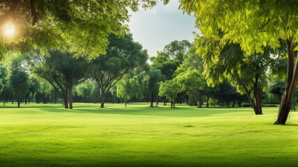 Green lawn and trees background with copyspace. Nature background concept. Generative AI - Powered by Adobe