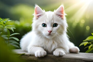 A fresh-faced albino kitten donning immaculate white fur, peering out with its utterly charming visage.