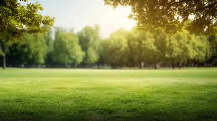Fototapeta na wymiar Green lawn and trees background with copyspace. Nature background concept. Generative AI