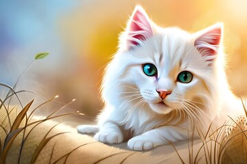 A fresh-faced albino kitten donning immaculate white fur, peering out with its utterly charming visage.