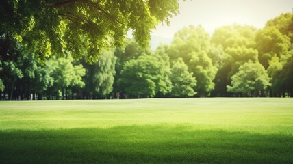 Fototapeta na wymiar Green lawn and trees background with copyspace. Nature background concept. Generative AI