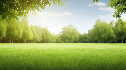 Green lawn and trees background with copyspace. Nature background concept. Generative AI