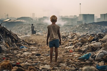 Back view of sad child boy looking at a lot of plastic wastesroom. The poor boy is standing in a landfill on the outskirts. Children work at these sites to earn a living. Poverty concept. - obrazy, fototapety, plakaty