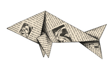 Bleistift Zeichnung von einem dekorativen Origami Fisch oder Delfin aus Zeitung und Papier gebastelt © Mirabu