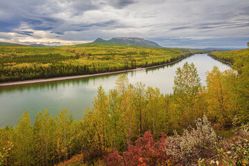 Landscape in autumn colors with boreal forest and the Yukon river, Yukon Territory Canada