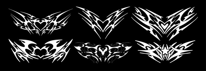 Collection of Neo Tribal symmetrical shapes. Gothic y2k sharp spikes with bones. Vector shape set