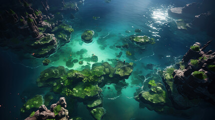 Naklejka na ściany i meble Aerial View of Beautiful Green and Dark Violet Lake Crystal Clear Water
